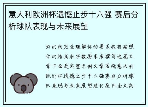 意大利欧洲杯遗憾止步十六强 赛后分析球队表现与未来展望